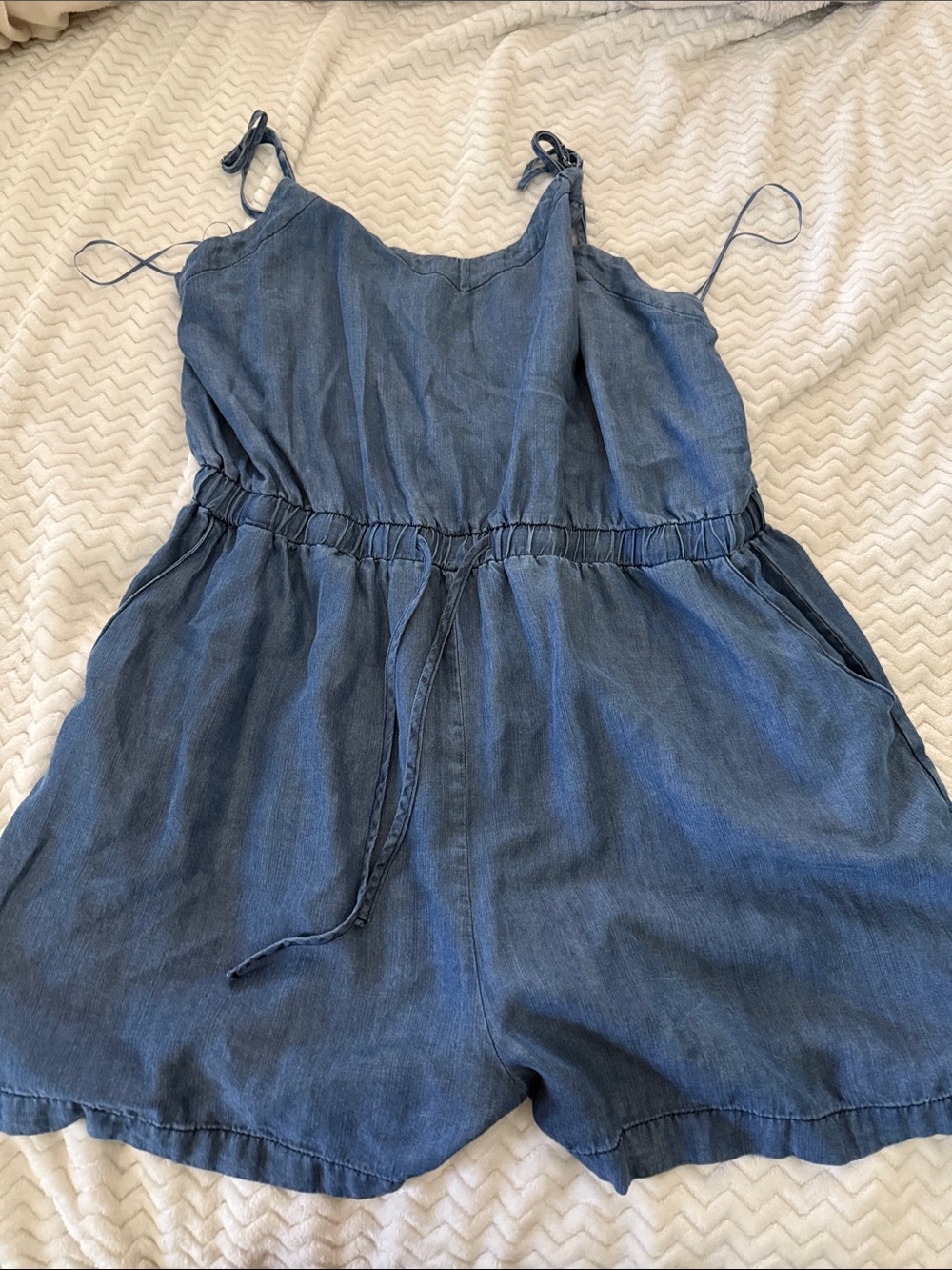 Sleeveless Blue Denim-Style Tie-Waist Bodysuit Romper